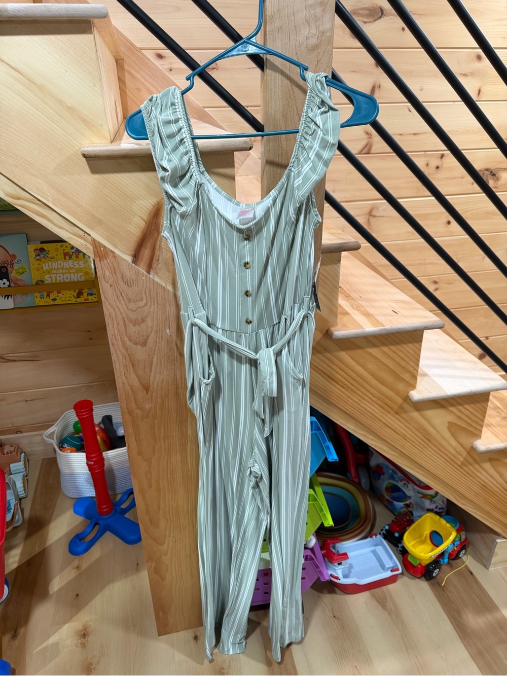 wonder nation Sage Green and White Striped Sleeveless Jumpsuit